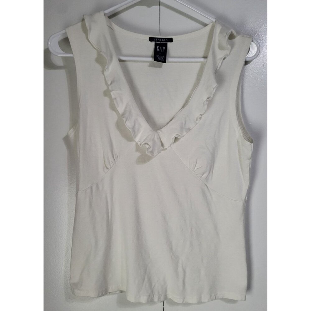GAP Women's LG Stretch V Neck y2k Tank Top Ruffle Vintage Babydoll Feminine - Picture 2 of 7